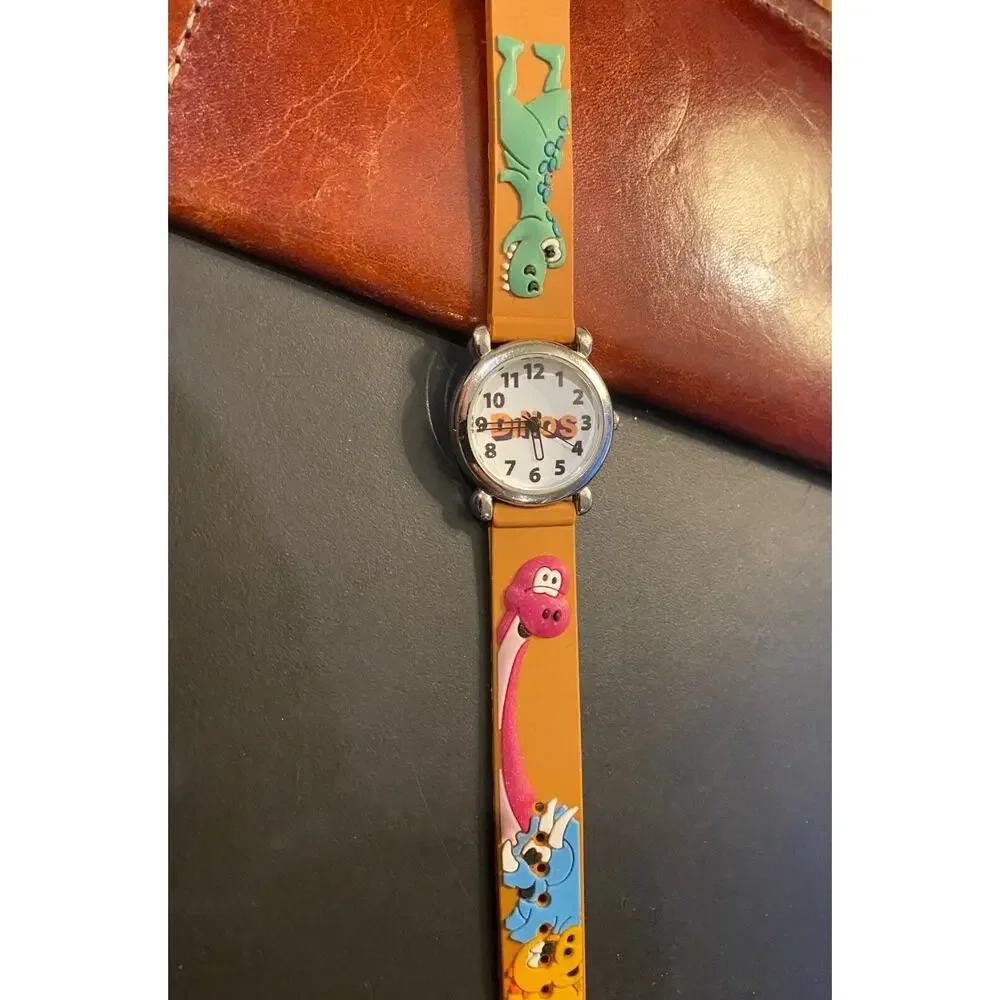 Boy's 27mm Silver Tone Dinos Watch, Resin Dinosaur Band